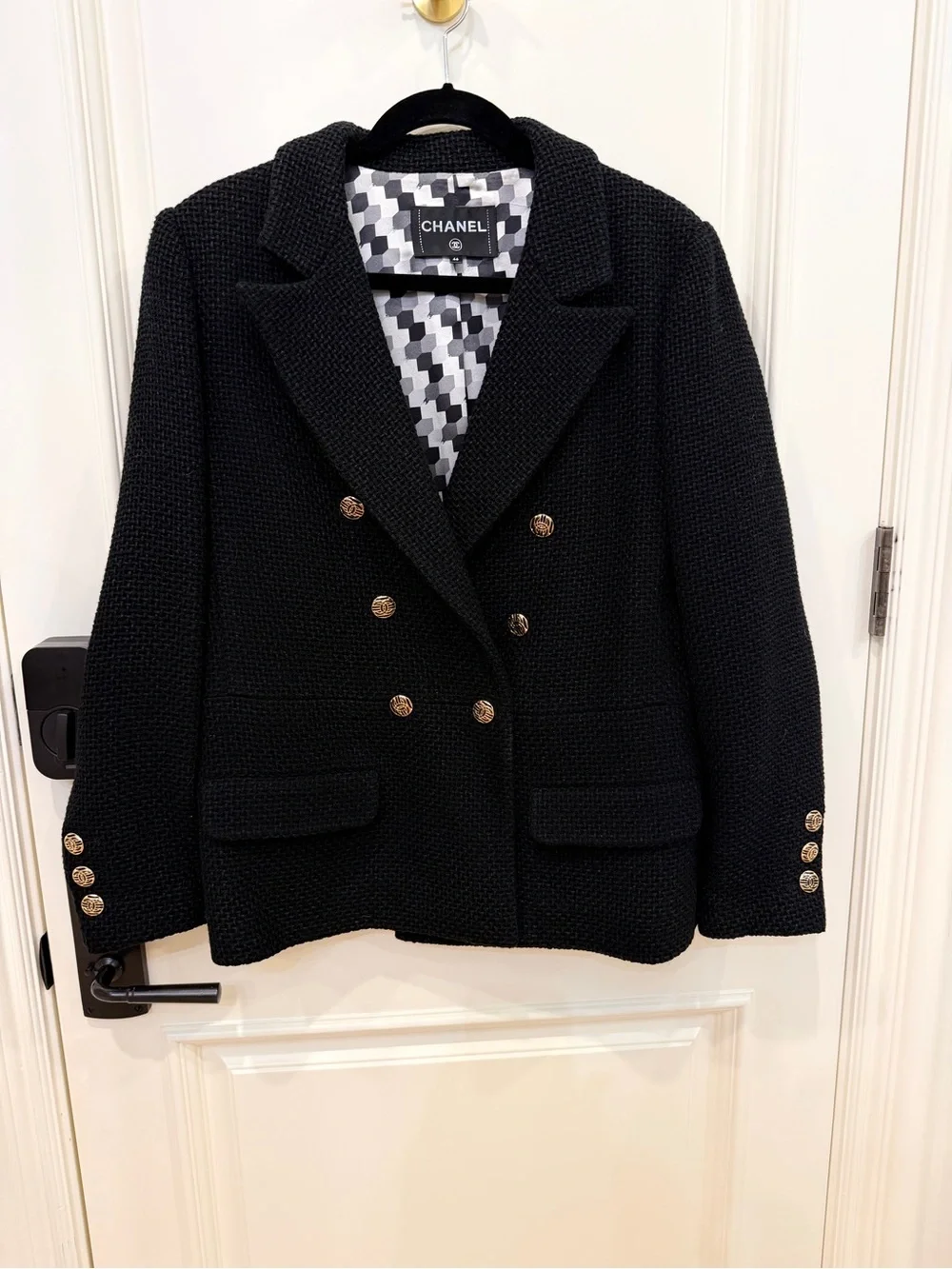 CHANEL Black Double-Breasted Blazer with Gold Buttons size 46